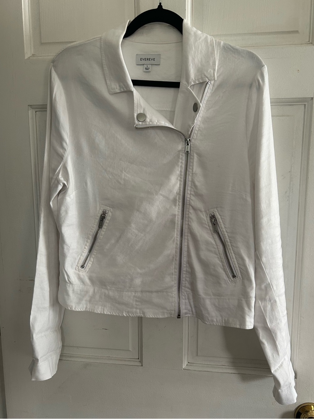 Evereve Women's White Zip Moto Jacket, Linen and Tencel, Pockets. Size Large